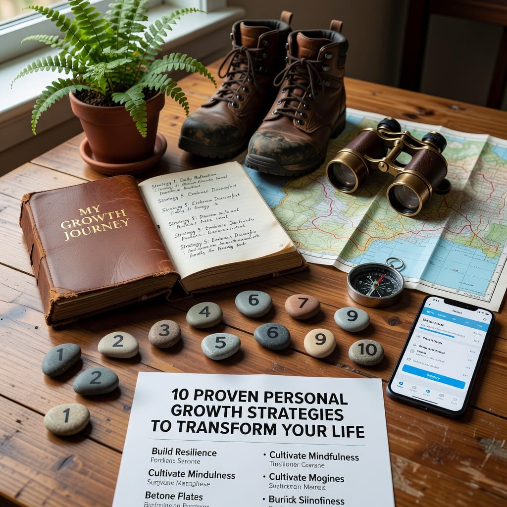 Infographic of 10 proven personal growth strategies, featuring motivational icons for life transformation.