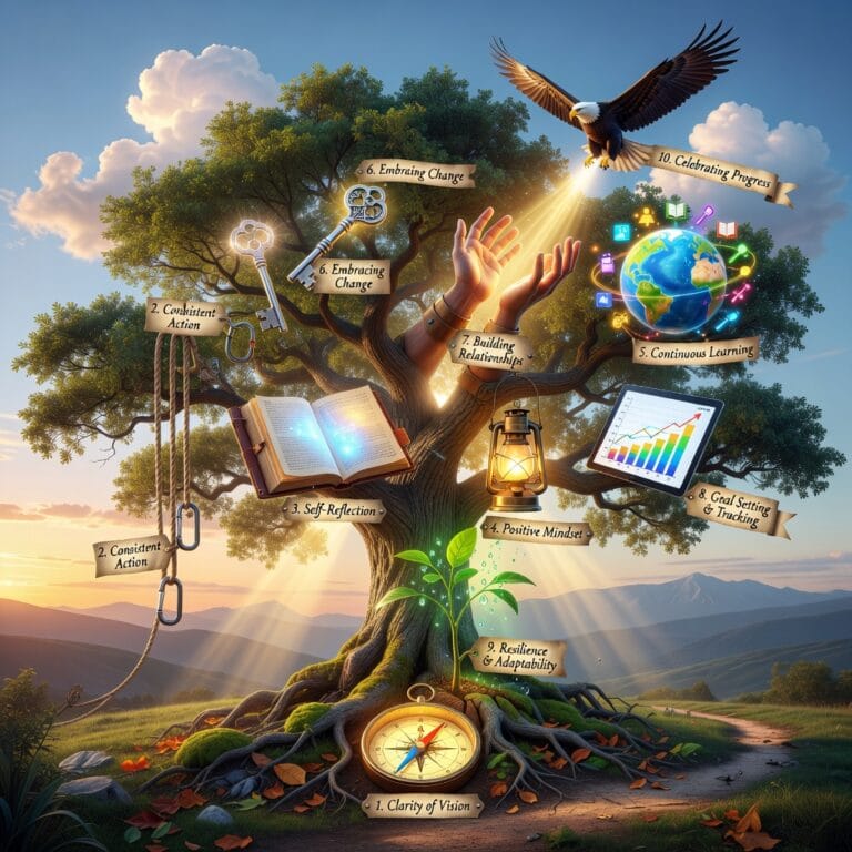 Infographic of 10 proven personal growth strategies, featuring icons for habits, confidence, and resilience.