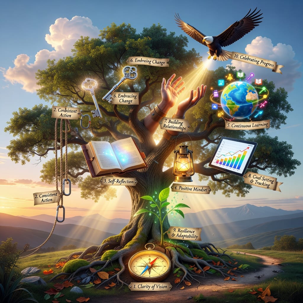 Infographic of 10 proven personal growth strategies, featuring icons for habits, confidence, and resilience.