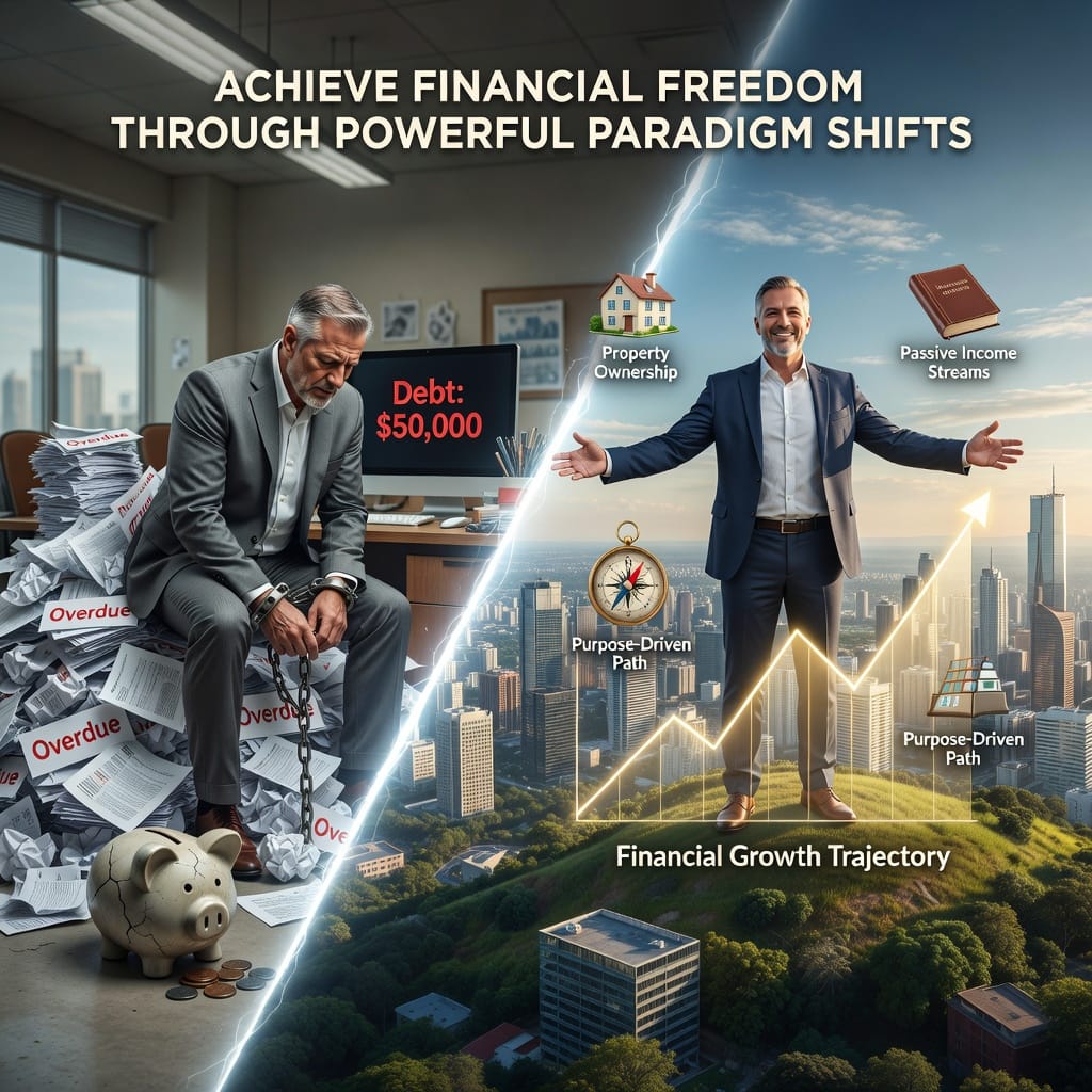 Achieve Financial Freedom Through Powerful Paradigm Shifts 3 Illustration of breaking free from financial chains toward abundance and paradigm shifts for financial freedom.