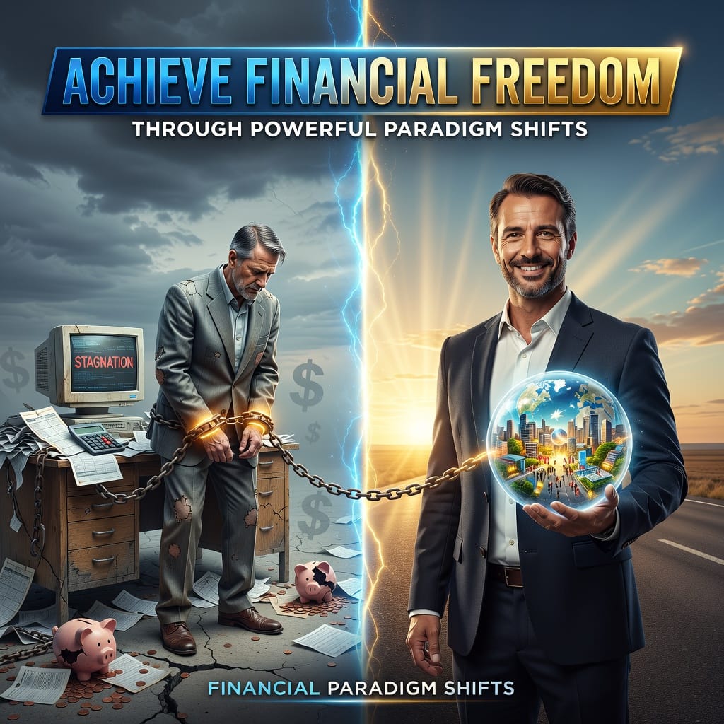Achieve Financial Freedom Through Powerful Paradigm Shifts 2 Graphic of a transformative journey from scarcity to abundance, illustrating financial paradigm shifts for achieving freedom.