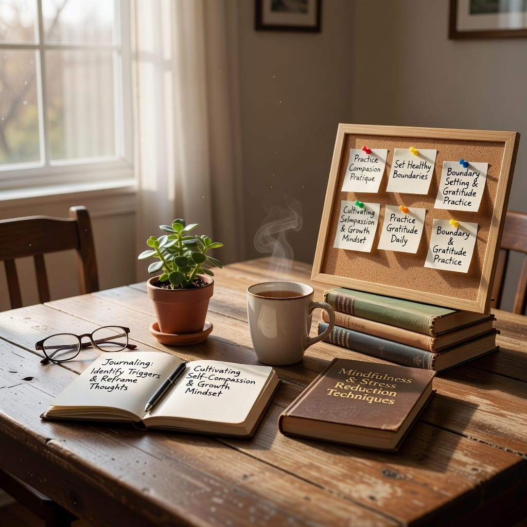 Serene person meditating amidst daily stressors, building emotional resilience through breathing and reflection.