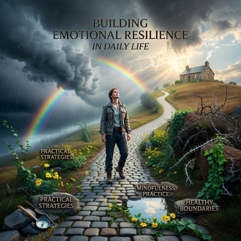 A serene landscape with a path winding through resilient trees, symbolizing building emotional resilience in daily life.