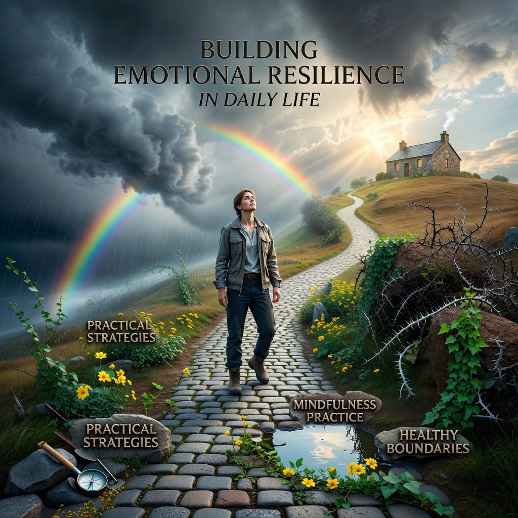 A serene landscape with a path winding through resilient trees, symbolizing building emotional resilience in daily life.