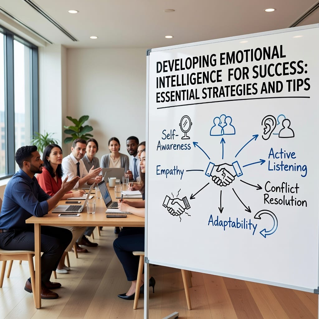 Developing Emotional Intelligence for Success: Essential Strategies and Tips 3 Illustration of diverse professionals building connections and navigating emotions to achieve success in emotional intelligen