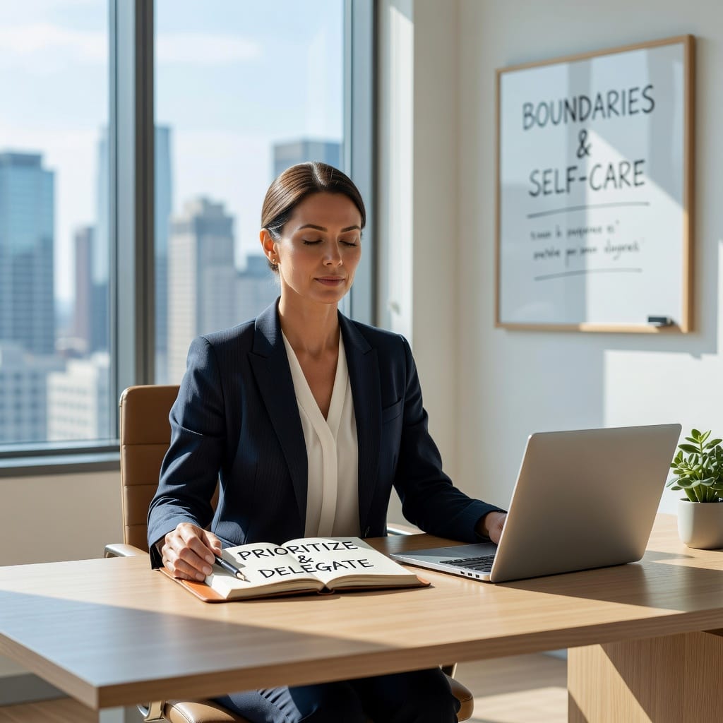 Effective Stress Management for High Achievers 3 High achiever balancing work and relaxation: meditating at desk amid goals and calendars.