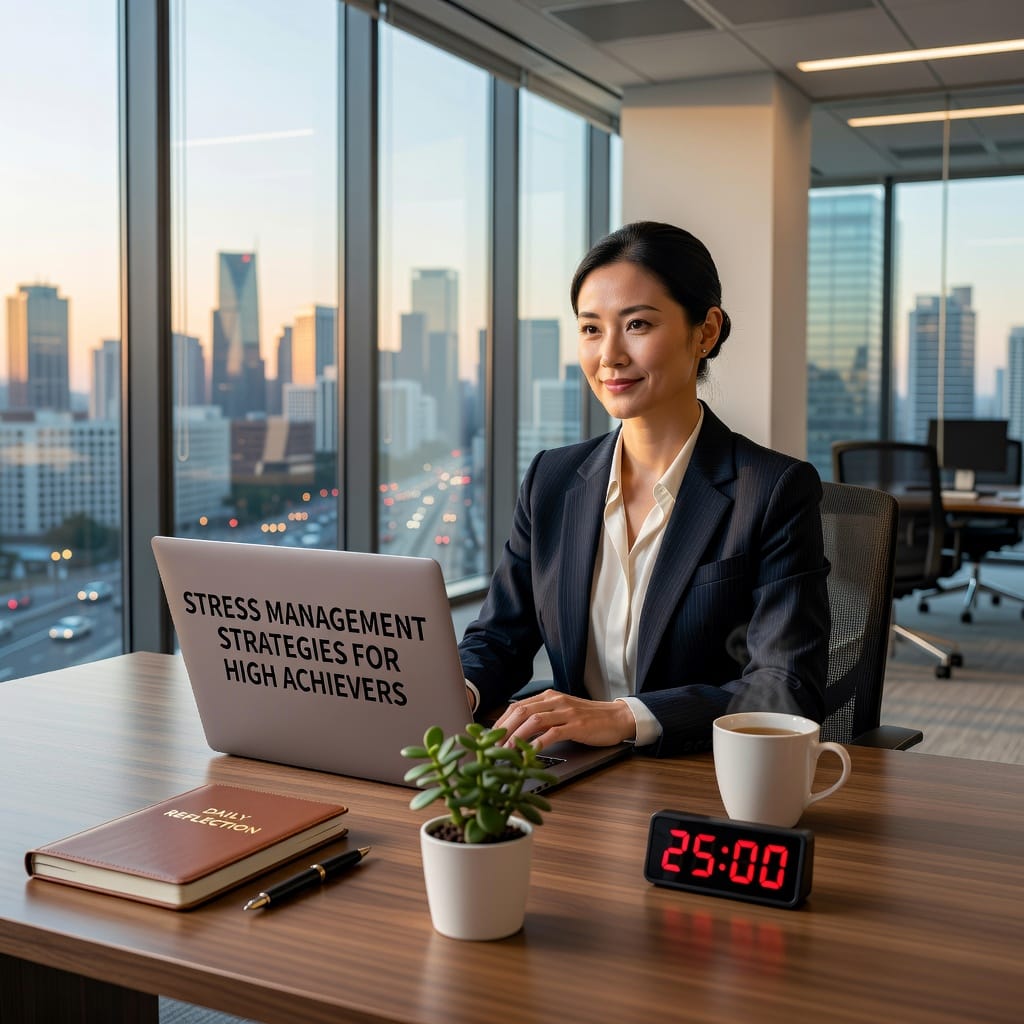 Illustration of a high achiever using relaxation techniques like deep breathing and journaling to manage stress effectively.