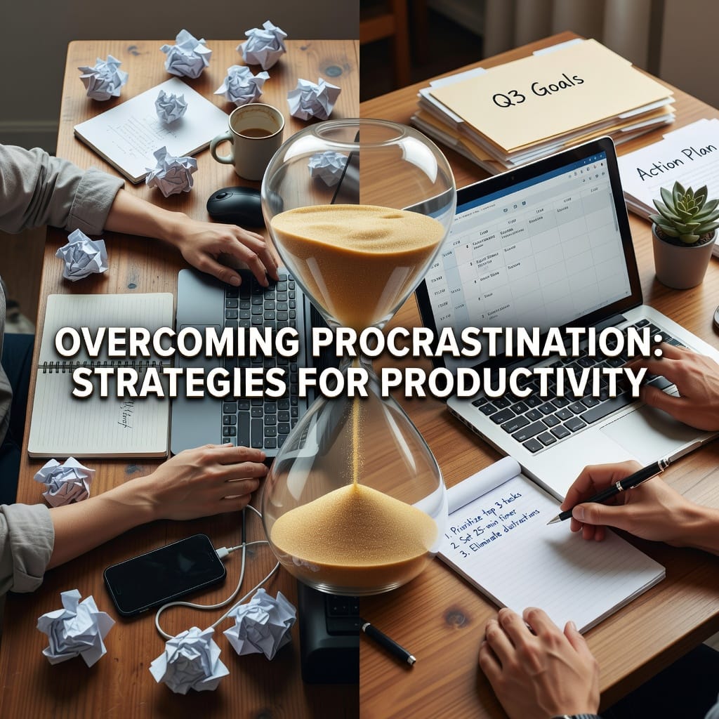 Effective Techniques for Overcoming Procrastination and Boosting Productivity 3 Illustration of a focused person using a checklist and timer to overcome procrastination and boost productivity.
