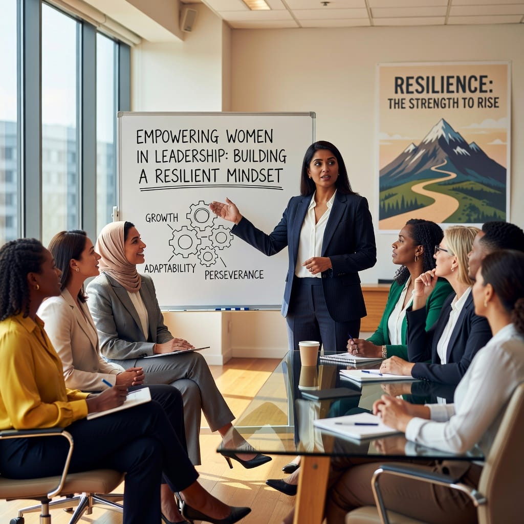 Empowering Women in Leadership Roles: Building a Resilient Mindset 3 Confident woman in leadership pose, symbolizing empowerment and resilient mindset for women leaders.