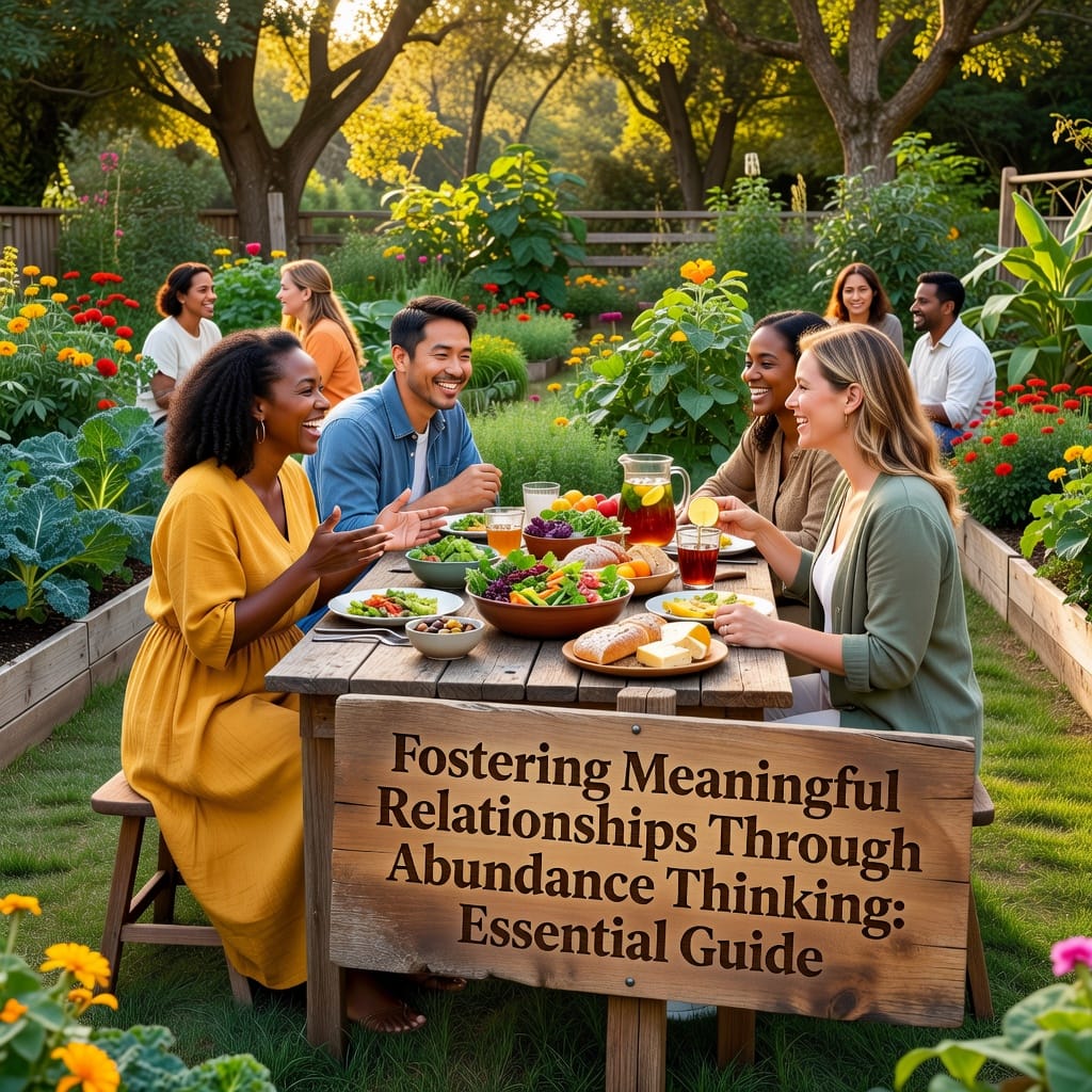 Fostering Meaningful Relationships Through Abundance Thinking: Essential Guide 3 Illustration of joyful people connecting deeply, embracing abundance thinking for meaningful relationships.