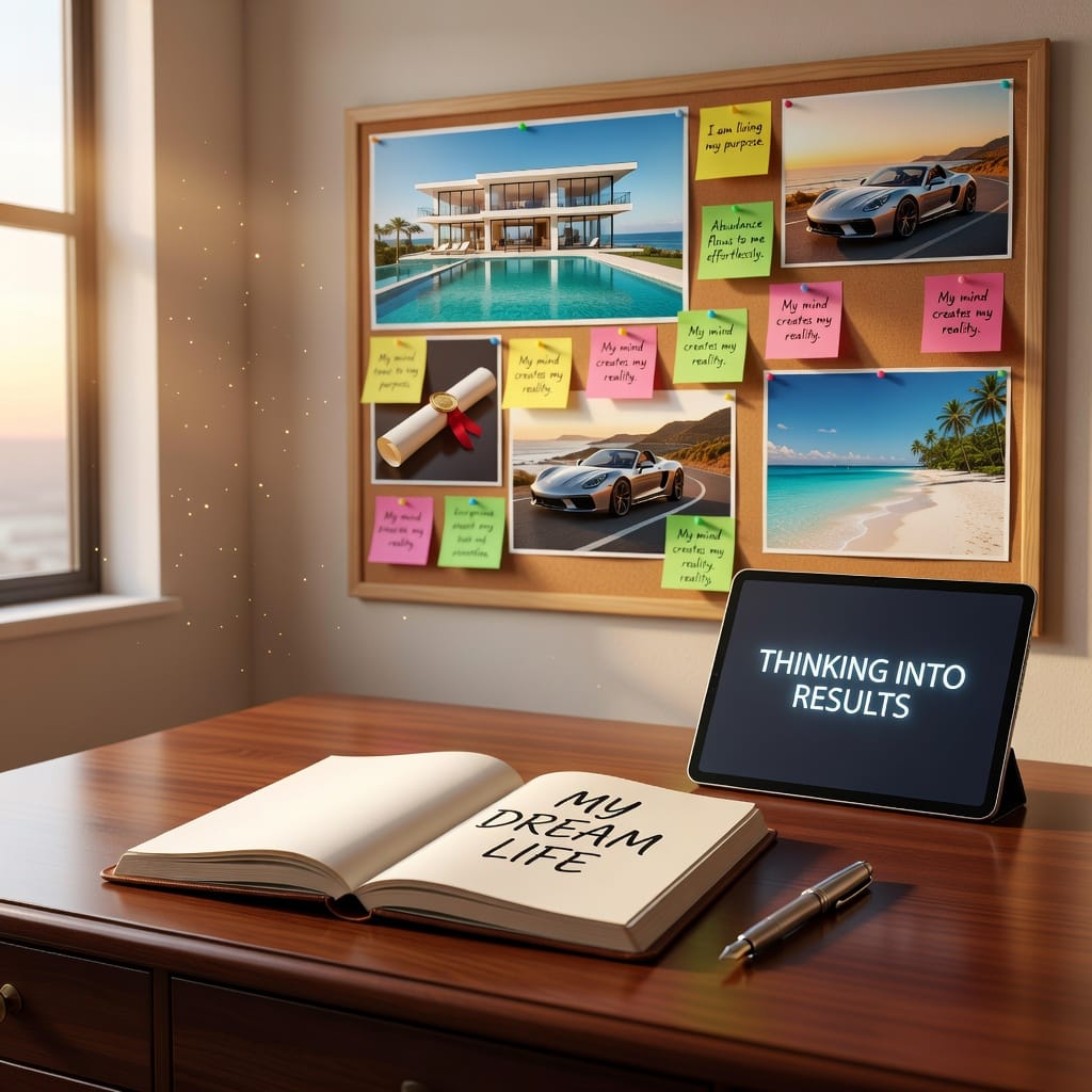 How to Manifest Your Dream Life Using Thinking Into Results 3 Infographic: Manifest your dream life using Bob Proctor's Thinking Into Results steps.