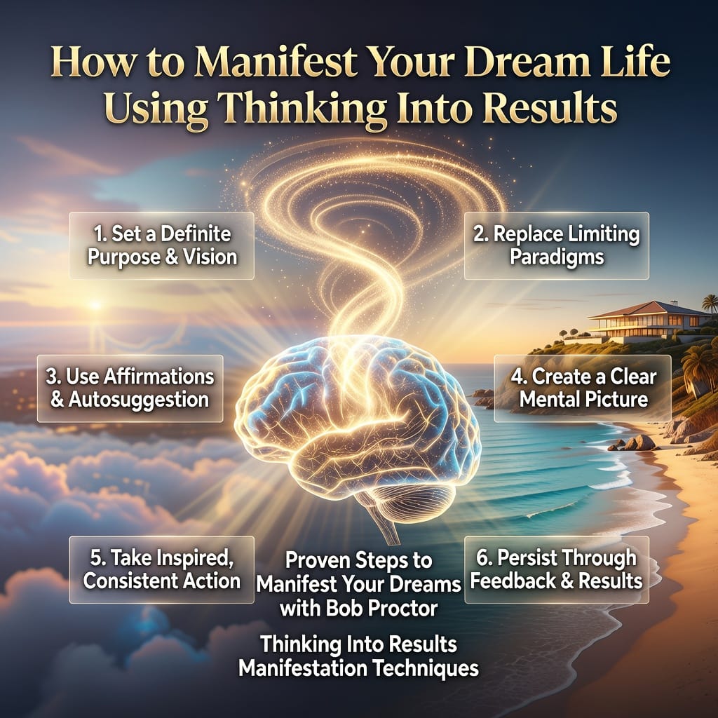 How to Manifest Your Dream Life Using Thinking Into Results 2 Graphic of steps to manifest your dream life using Bob Proctor's Thinking Into Results method.