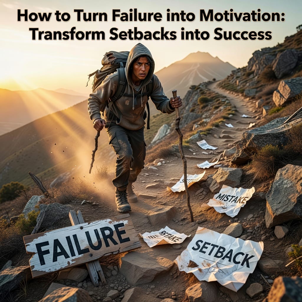 Illustration of transforming failure into motivation: a figure rising from setbacks to success.