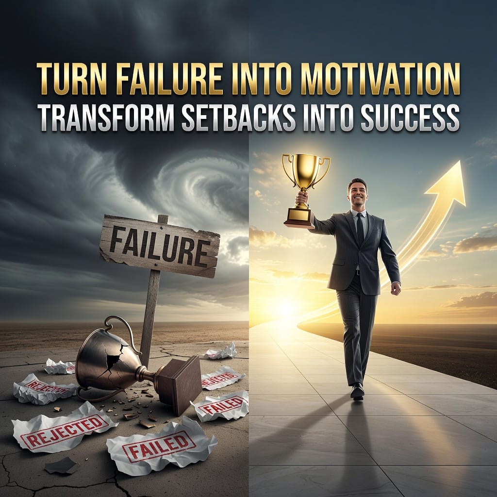 A motivational image of a person rising from a setback, transforming failure into fuel for success.