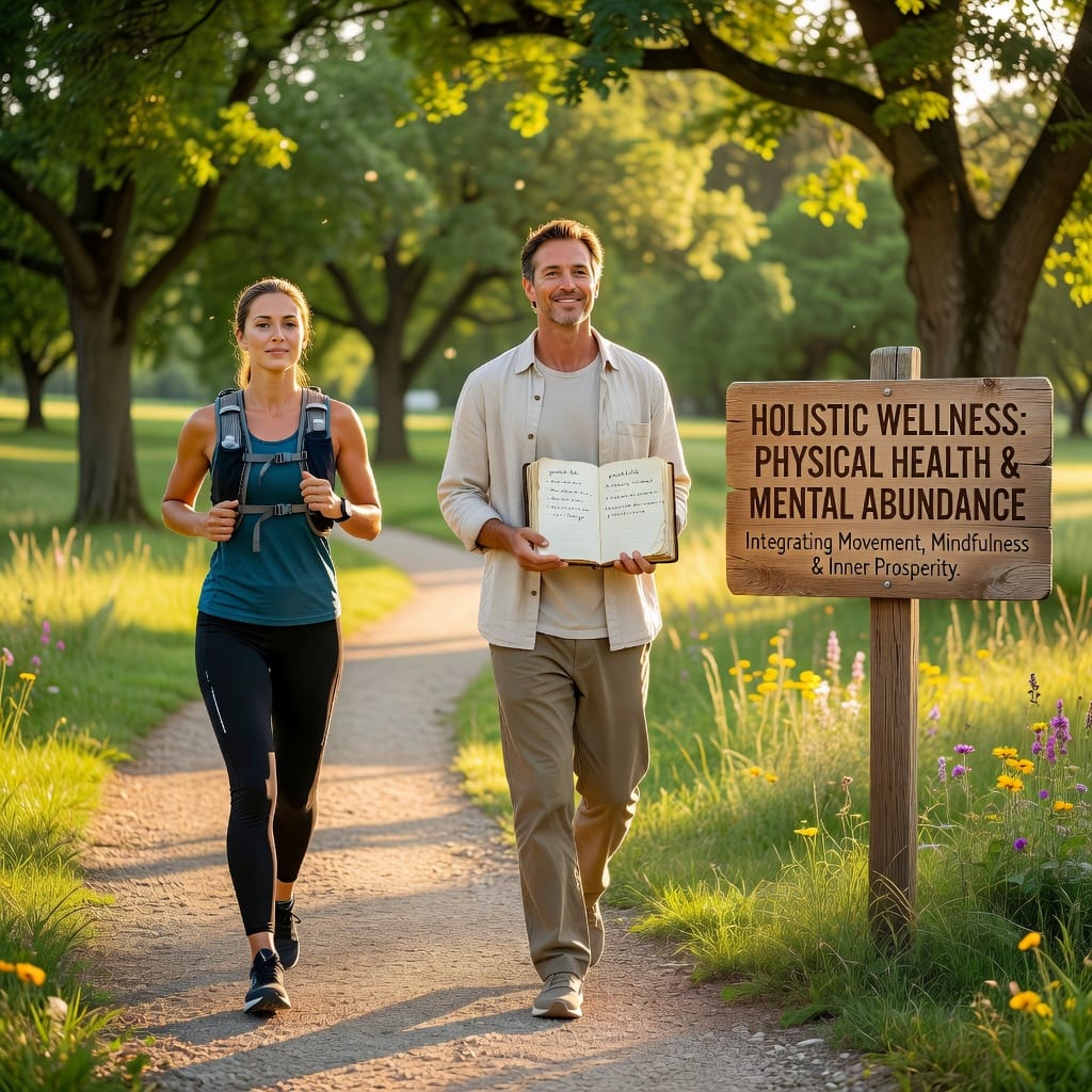 A vibrant illustration of a person meditating outdoors, blending physical vitality with mental abundance for holistic wellnes