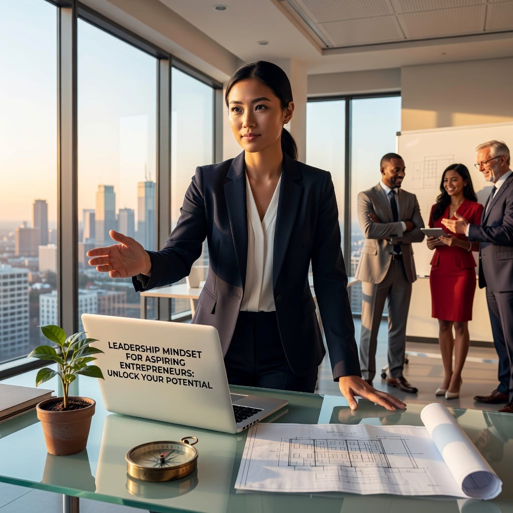 A confident entrepreneur leading a team uphill, symbolizing leadership mindset and unlocking business potential.