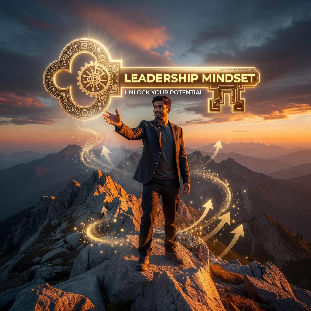 Leadership Mindset for Aspiring Entrepreneurs: Unlock Your Potential 2 Illustration of aspiring entrepreneur unlocking leadership mindset potential, inspiring team success in business.