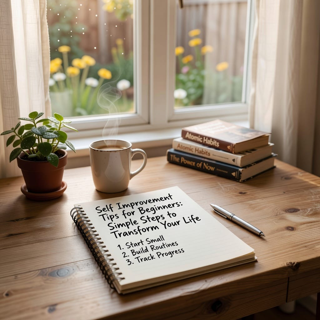 Self Improvement Tips for Beginners: Simple Steps to Transform Your Life 3 A beginner writing in a journal outdoors, surrounded by motivational icons for self-improvement habits.