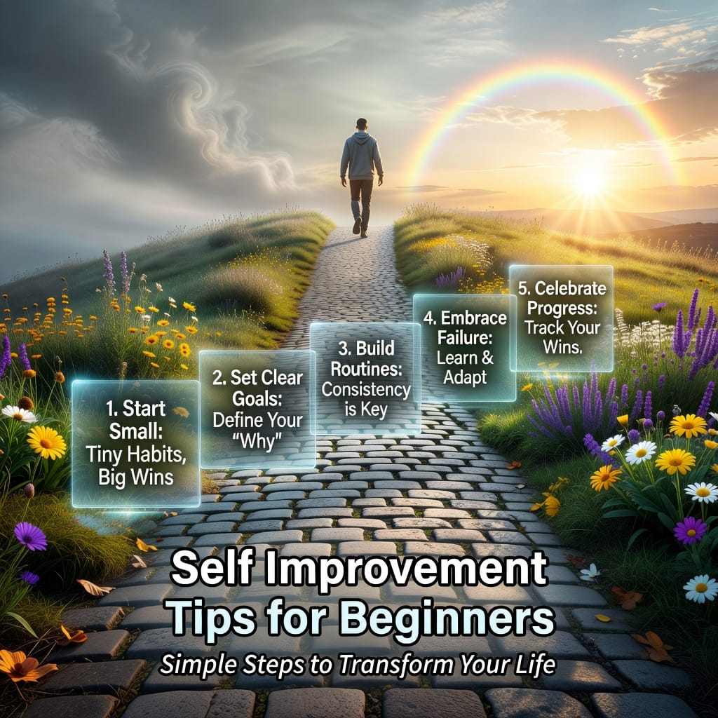 A motivational image of a person taking small steps on a path toward personal growth, with journaling and walking icons.