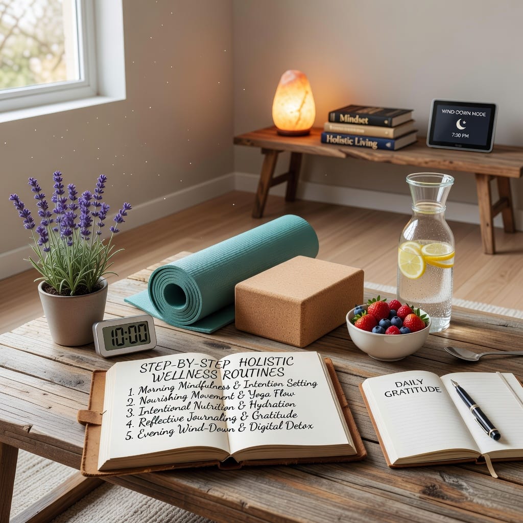 Step-by-Step Holistic Wellness Routines for Mindset Mastery and Growth 3 Serene illustration of step-by-step holistic wellness routines: yoga, meditation, and journaling for mindset mastery and grow