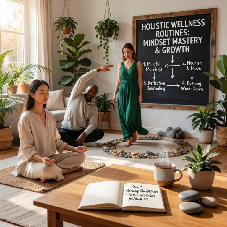 Serene person meditating outdoors at dawn, symbolizing holistic wellness routines for mindset mastery and growth.