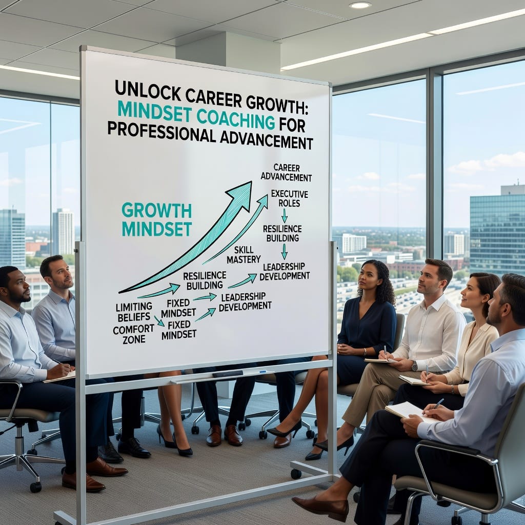 A motivated professional ascending a glowing staircase, representing career growth via mindset coaching.